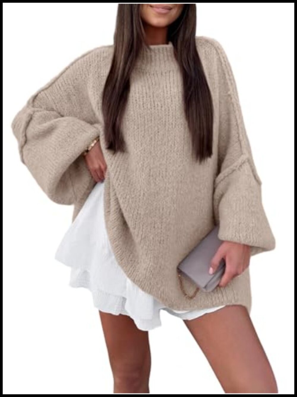 Oversized Mock Neck Batwing Chunky Knit Pullover Sweater